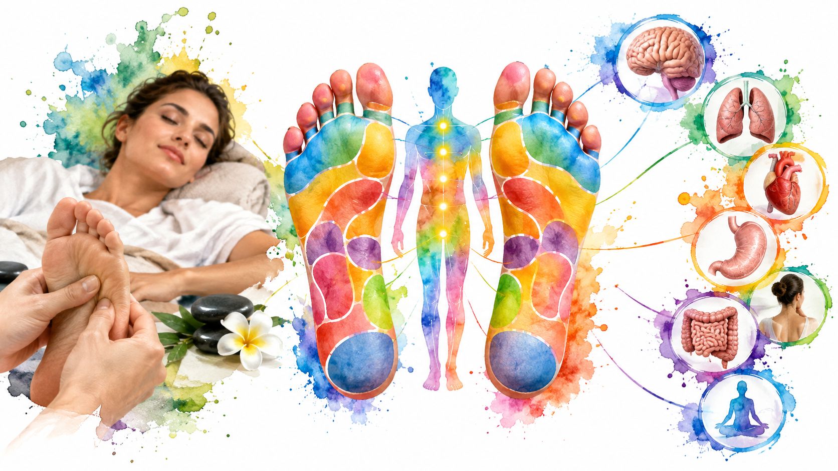 A conceptual illustration showing reflexology points on human feet connected to corresponding organs and a relaxed woman.