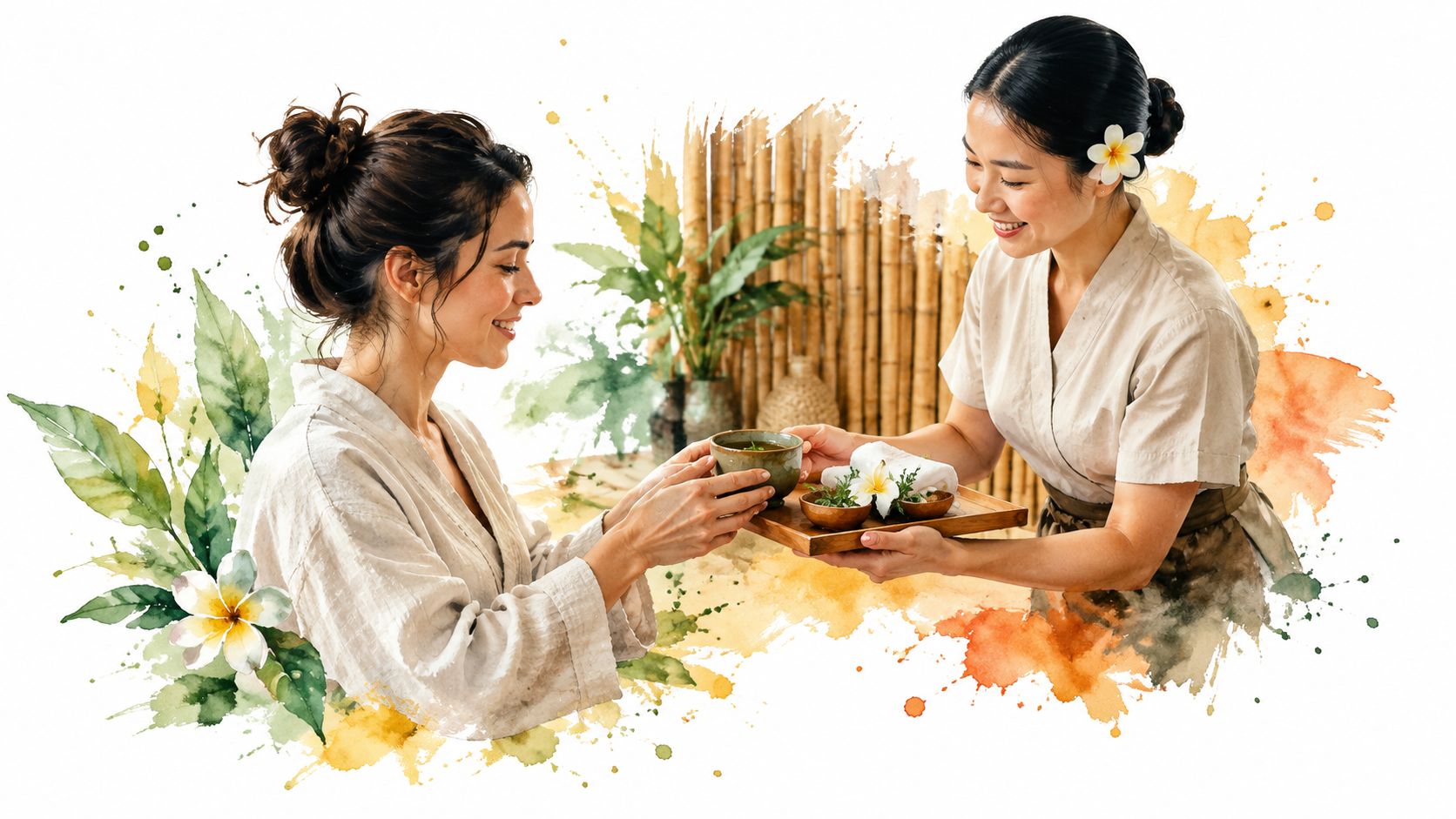 A spa therapist serving a cup of tea to a relaxed woman in a spa setting.