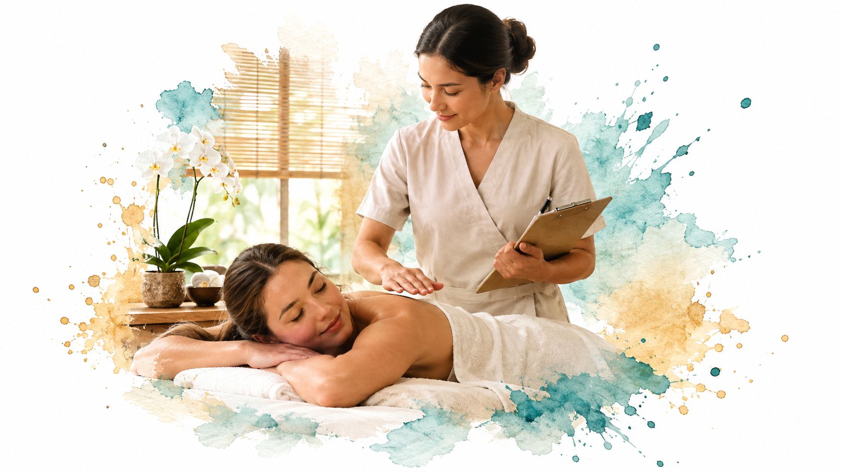A professional massage therapist performing a relaxing spa treatment on a client lying on a massage table.