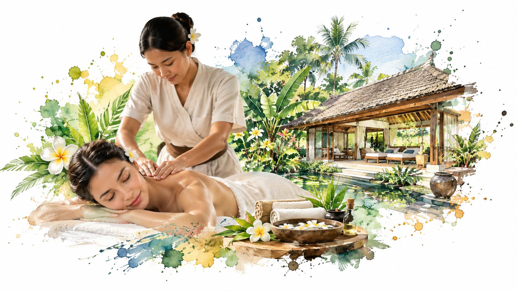 A professional massage therapist provides a relaxing back massage to a woman at a luxury spa resort.