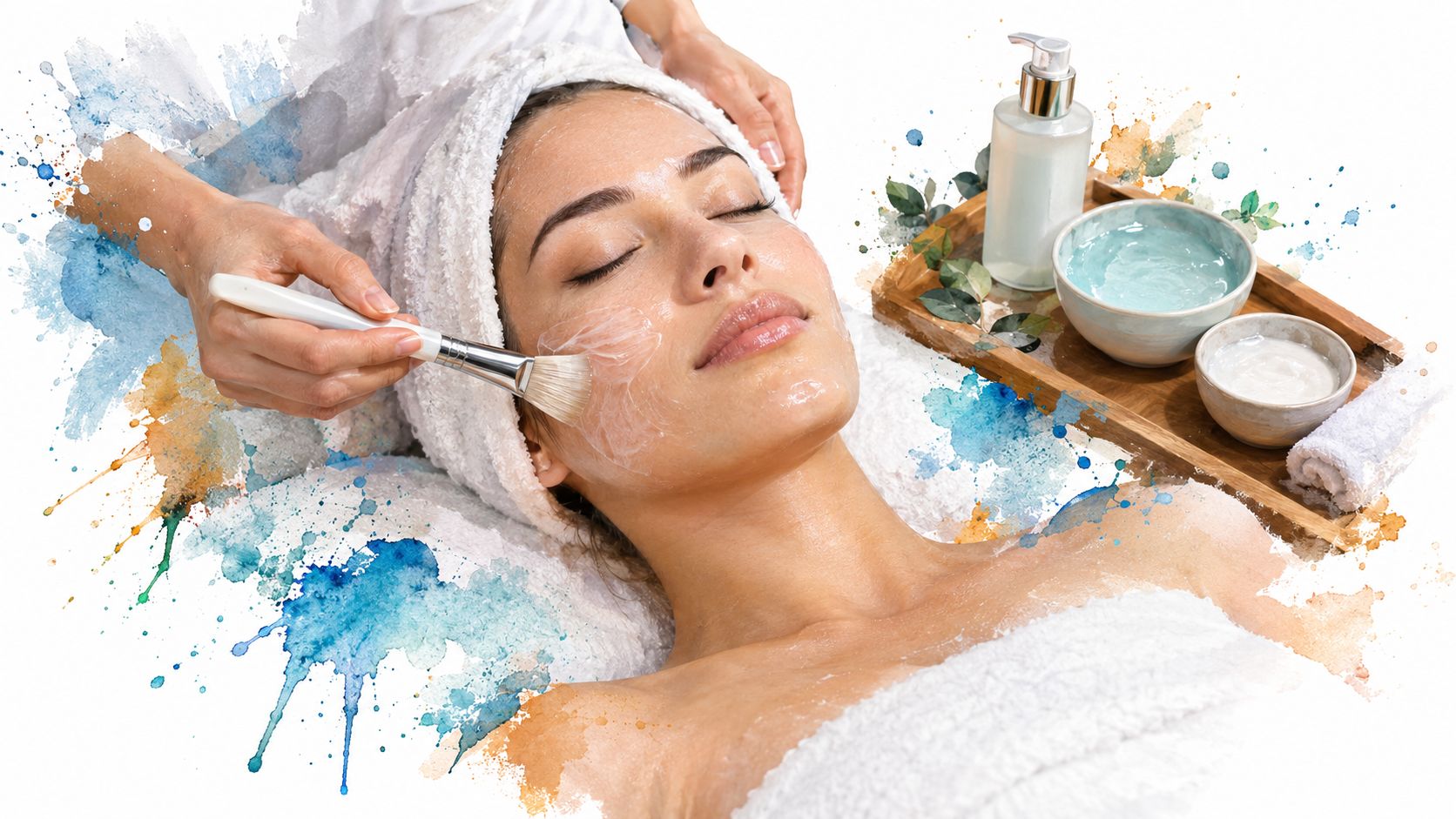 A professional esthetician applying a hydrating facial mask to a woman's face at a spa.