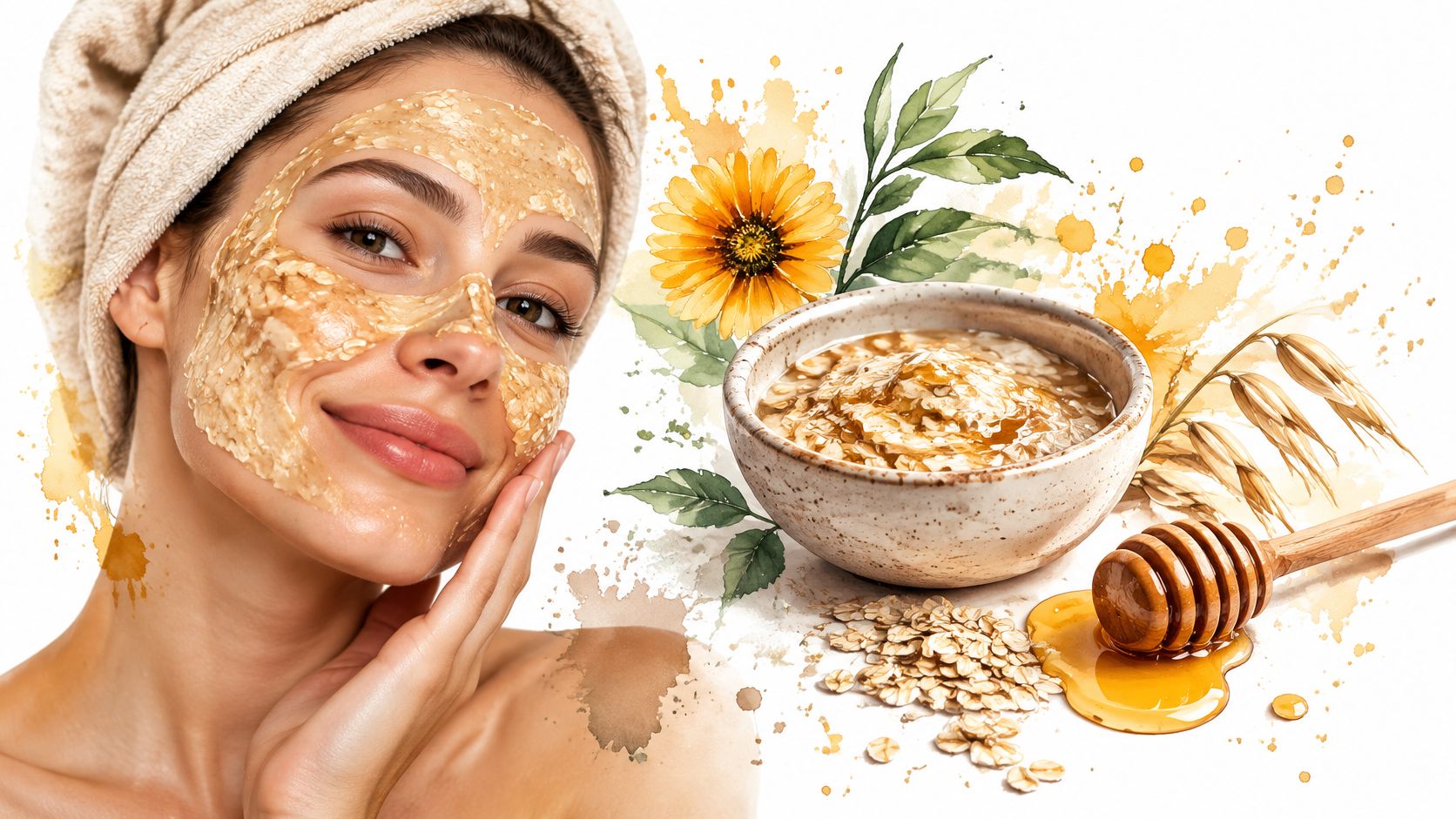 A woman wearing an oatmeal and honey face mask next to a bowl of ingredients for skincare