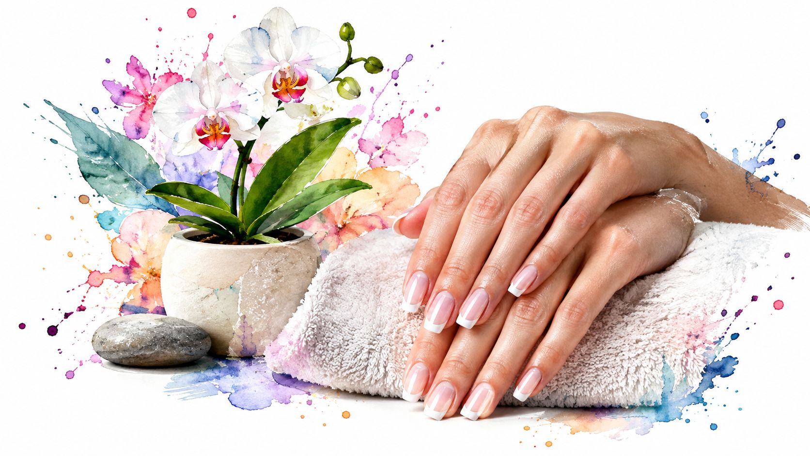 A close-up of manicured hands with classic French nail tips resting on a soft white towel.