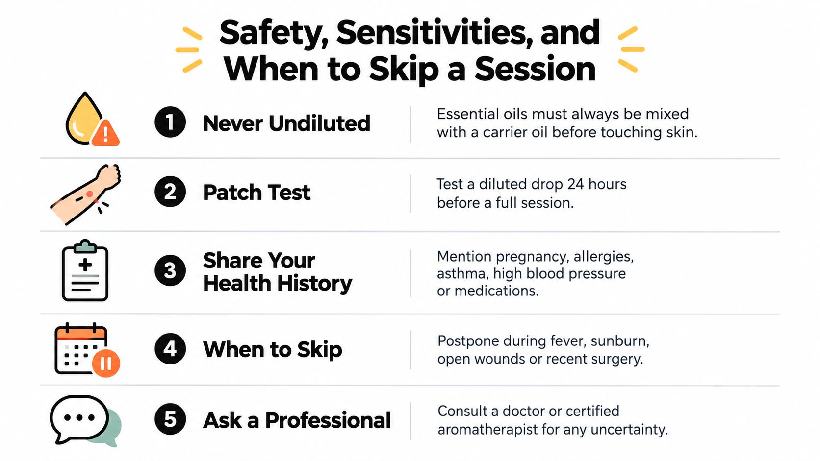 A safety infographic titled Safety, Sensitivities, and When to Skip a Session regarding essential oil use.