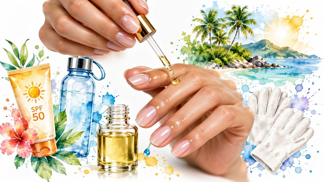 Woman applying cuticle oil to her manicured nails next to beach items and SPF 50 sunscreen.