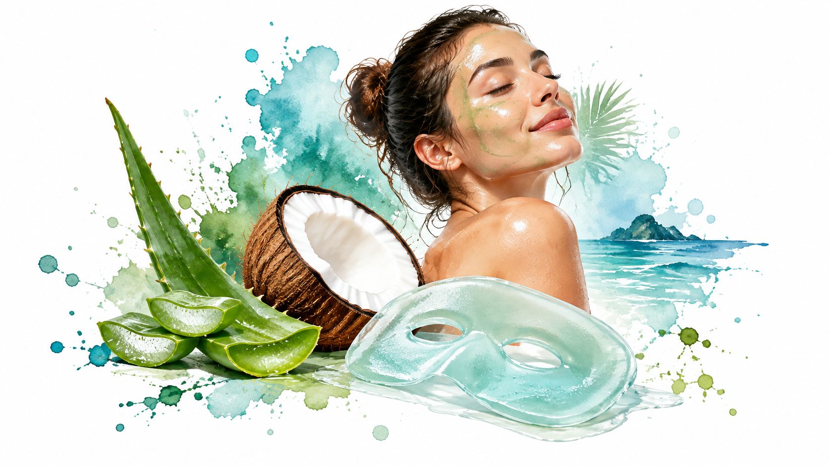 A woman with a face mask surrounded by aloe vera, a coconut, and tropical ocean watercolor imagery.