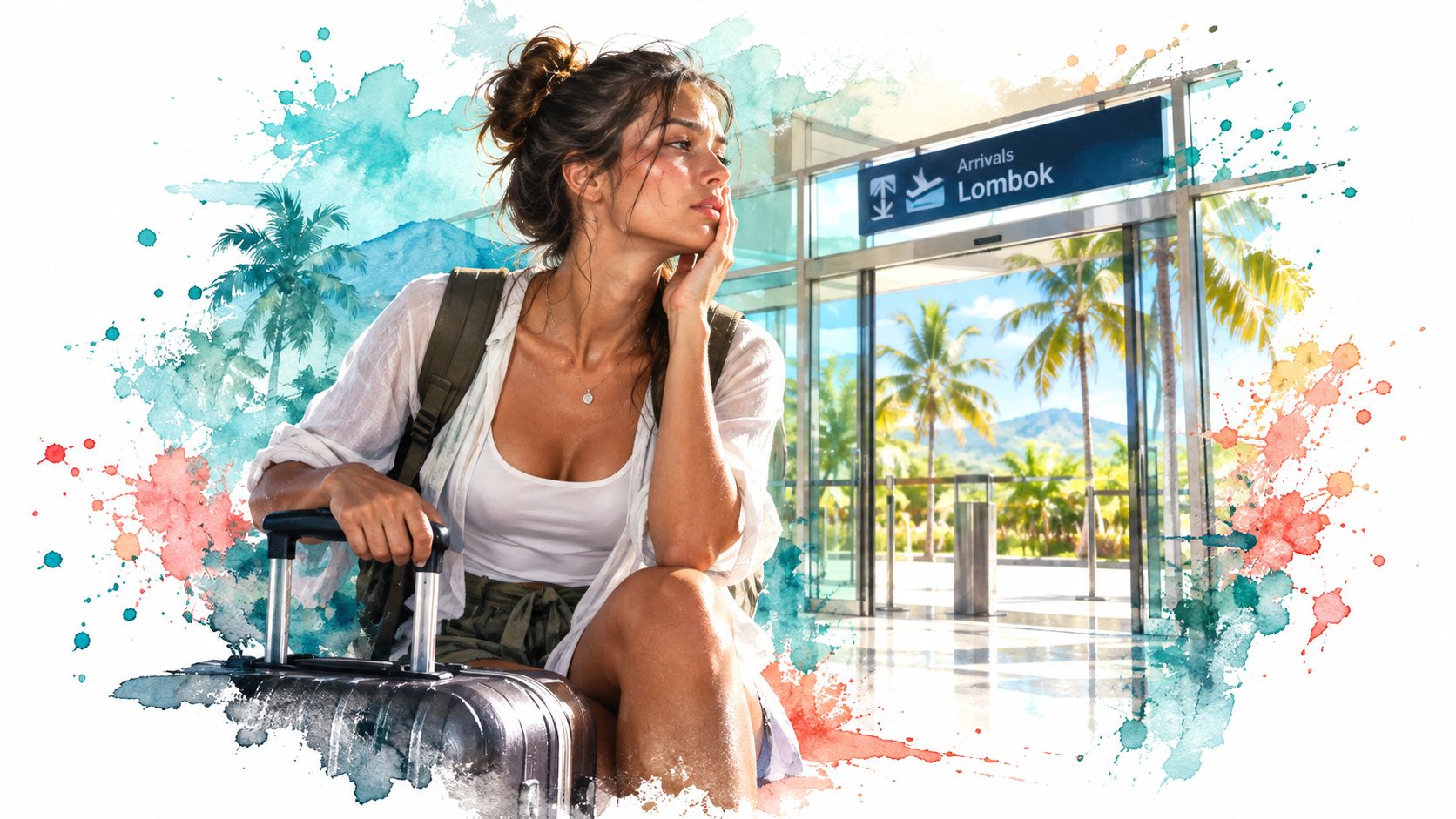 A weary female traveler resting with her luggage in front of the Lombok airport arrivals entrance.