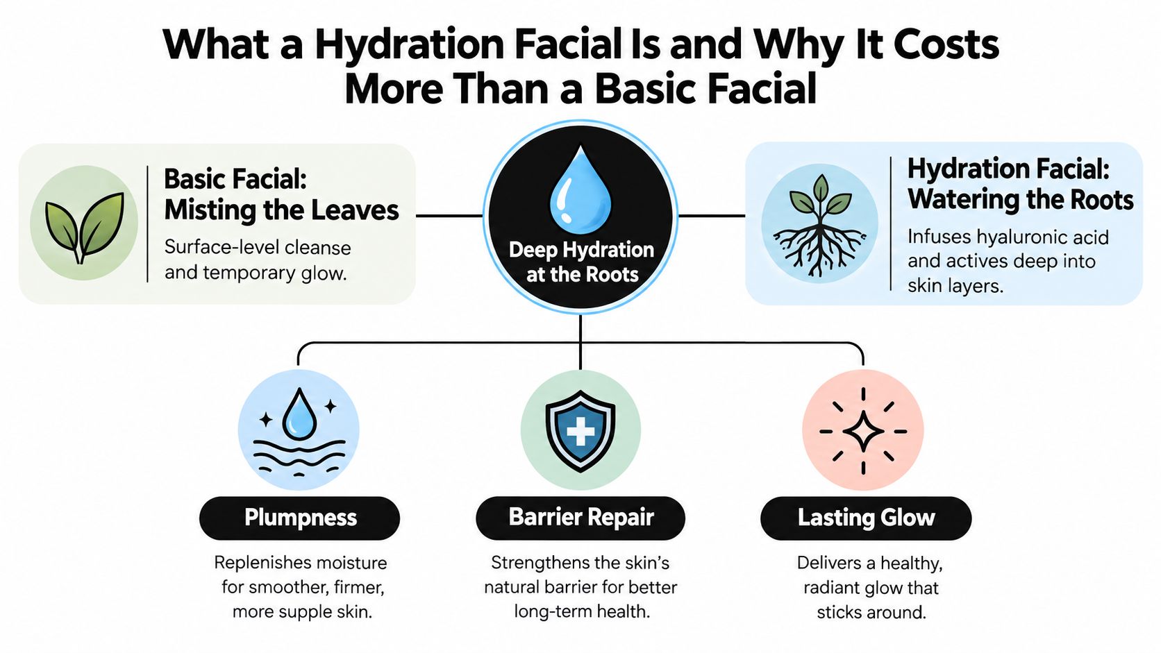 An infographic comparing a basic facial to a hydration facial, highlighting the benefits of deep skin hydration.