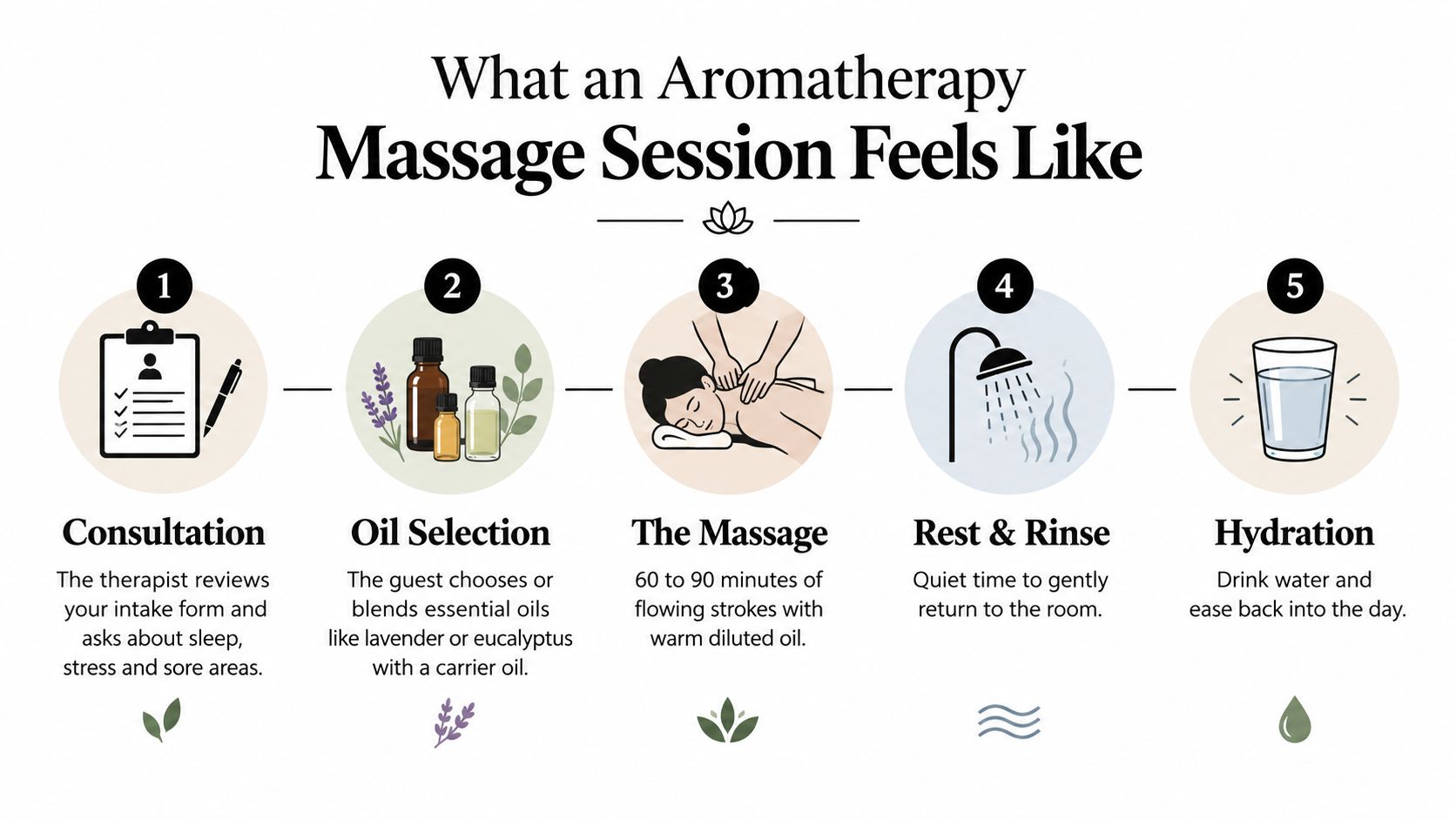 A five-step infographic showing the process of an aromatherapy massage session from consultation to hydration.