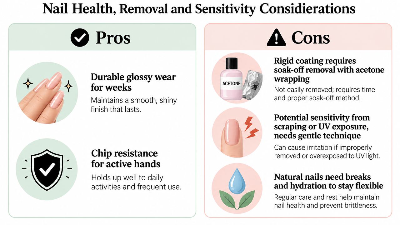 An infographic comparing the pros and cons of nail health, removal processes, and sensitivity considerations for manicures.