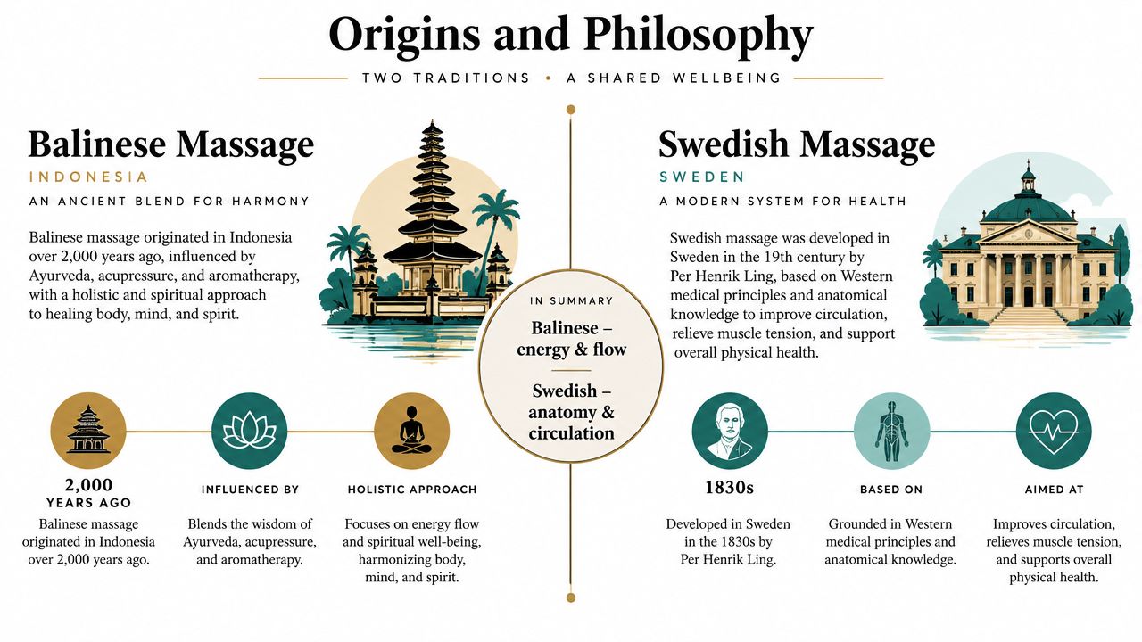 A comparison infographic detailing the origins and philosophies of Balinese and Swedish massage techniques and history.