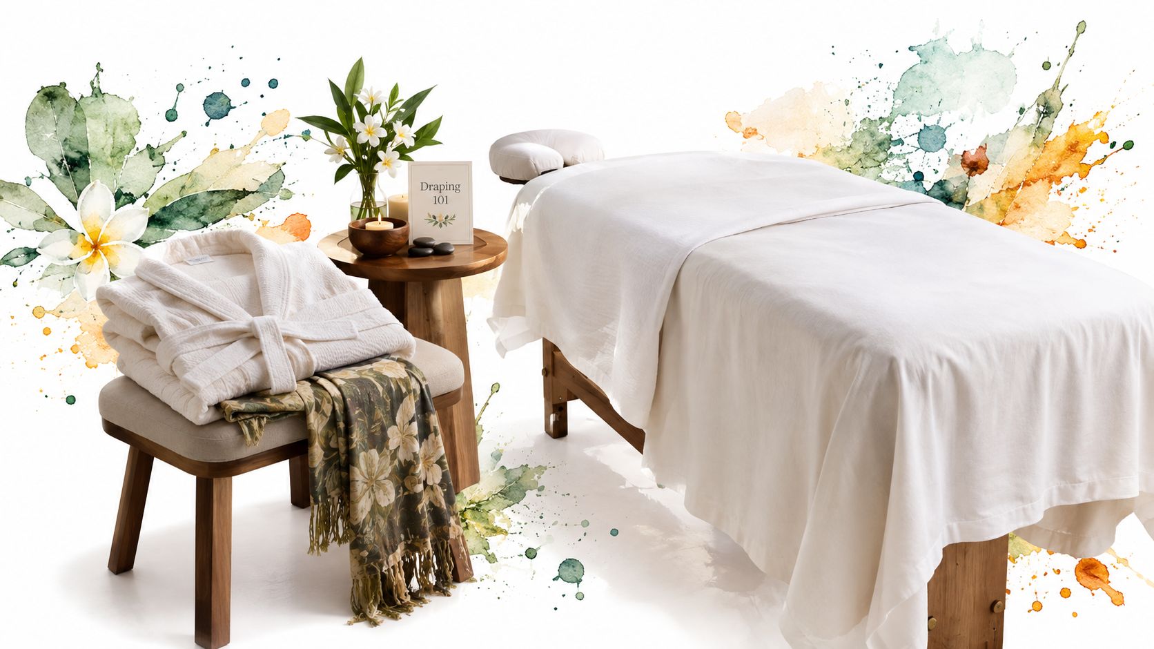 A professional massage table with a white robe and a sign for Draping 101 on a small table.