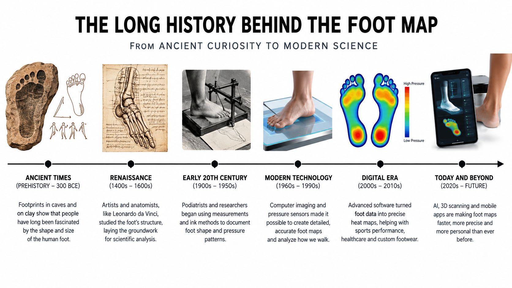 A timeline infographic detailing the history of human foot mapping from ancient times to modern digital technology.