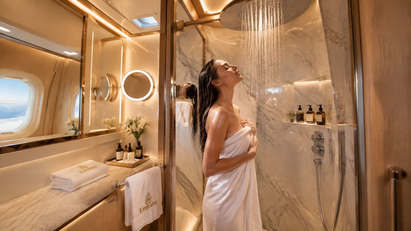 A woman enjoying a luxurious shower experience inside a private Emirates Airbus A380 first class cabin bathroom.