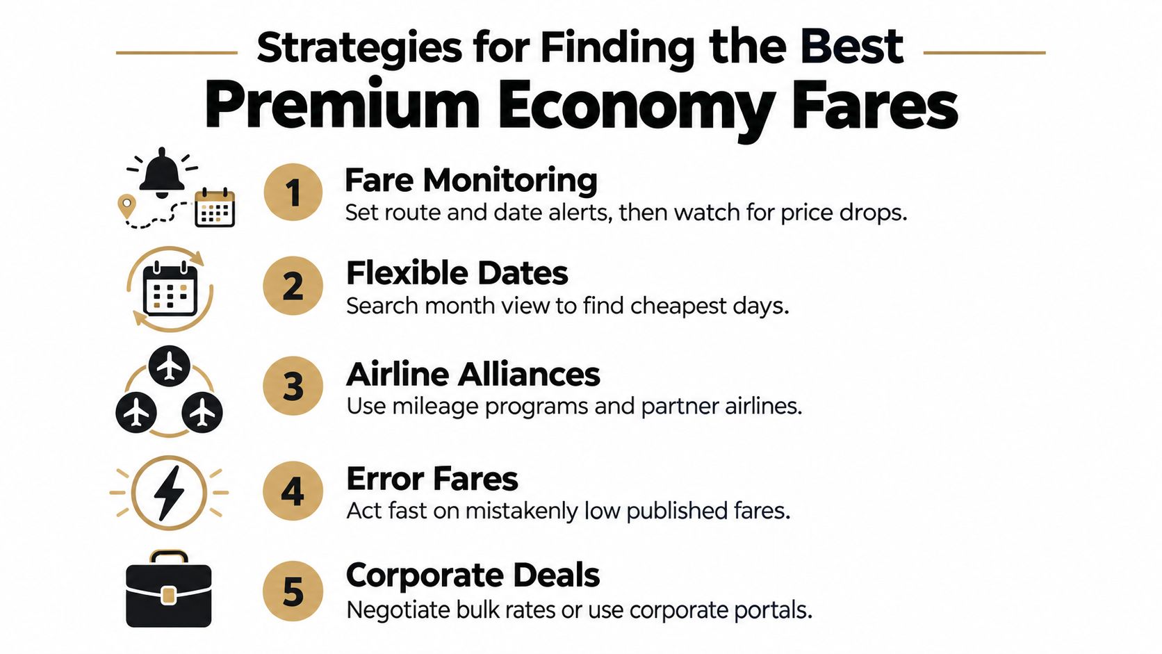 An infographic titled Strategies for Finding the Best Premium Economy Fares featuring five helpful travel booking tips.
