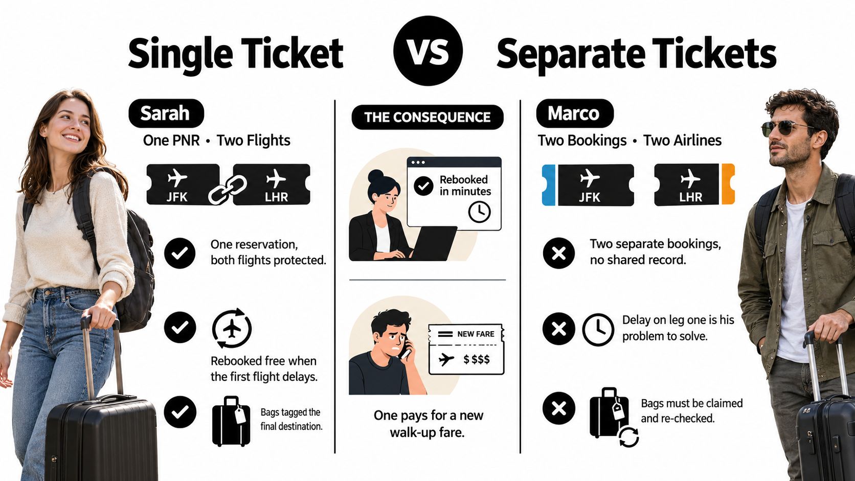An infographic comparing the benefits of a single airline ticket versus booking two separate flight tickets.