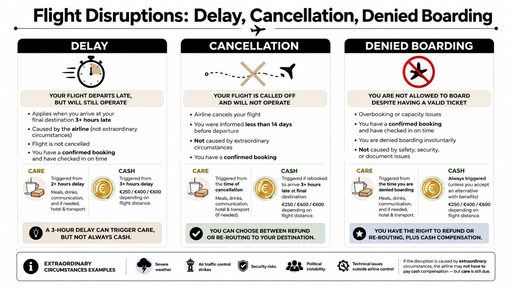 An infographic detailing EU airline passenger rights regarding flight delays, cancellations, and denied boarding compensation.