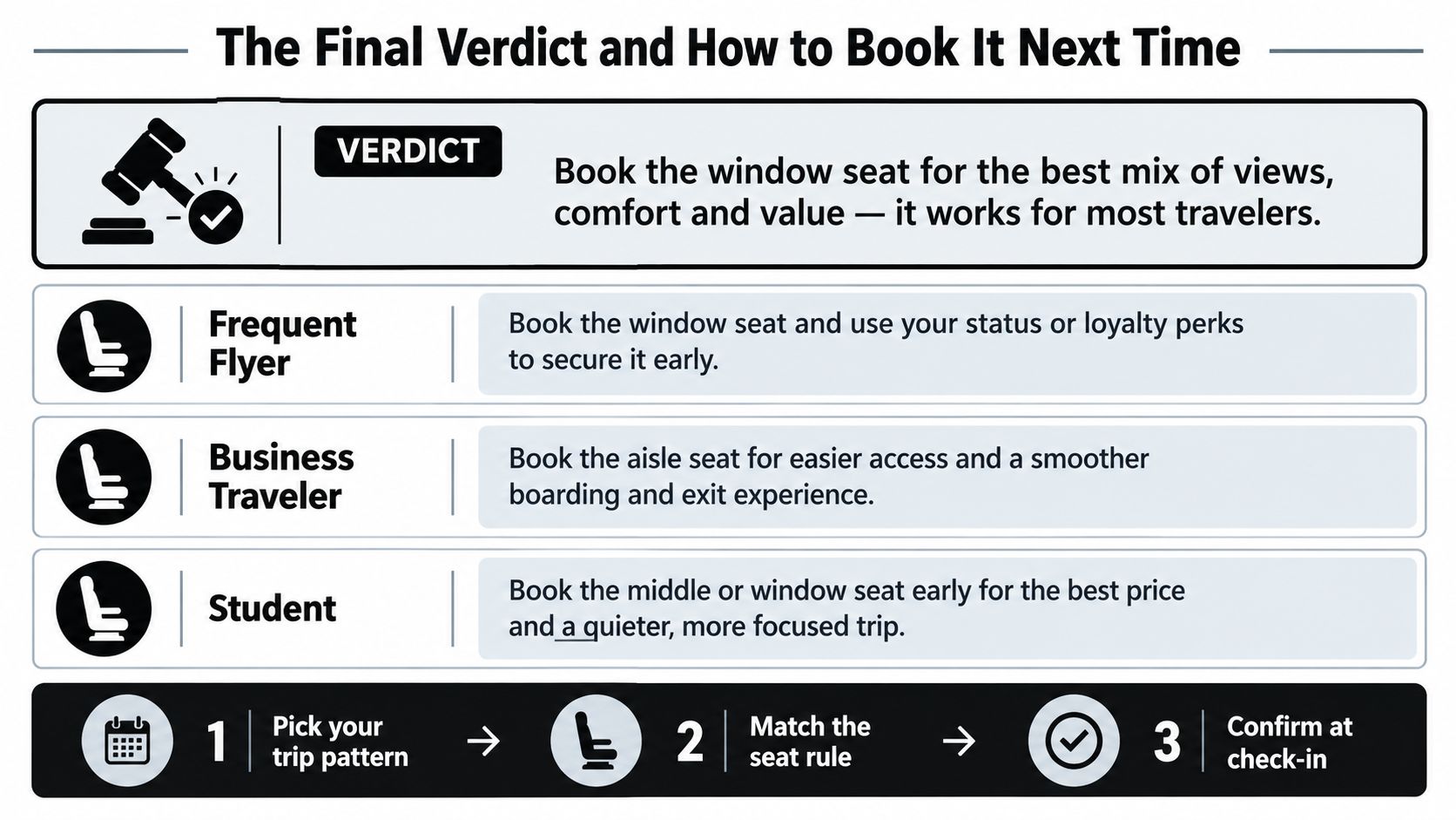 An infographic showing tips for choosing airline seats for frequent flyers, business travelers, and students.