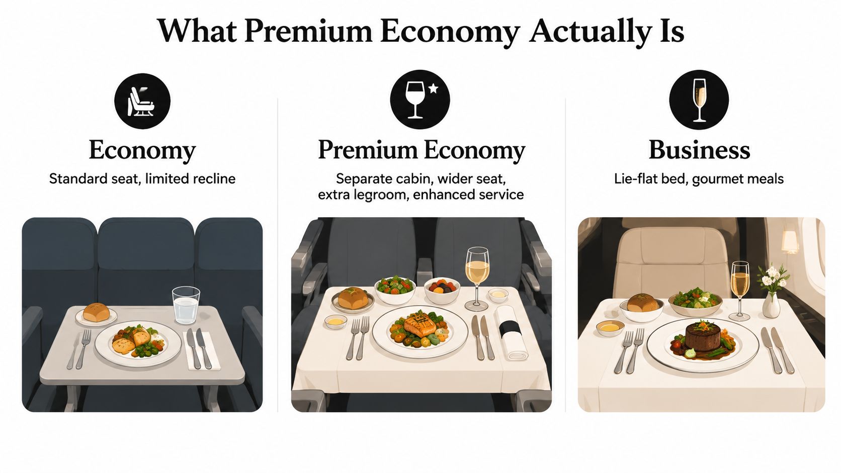 An infographic comparing the seating and dining experiences of Economy, Premium Economy, and Business class on flights.