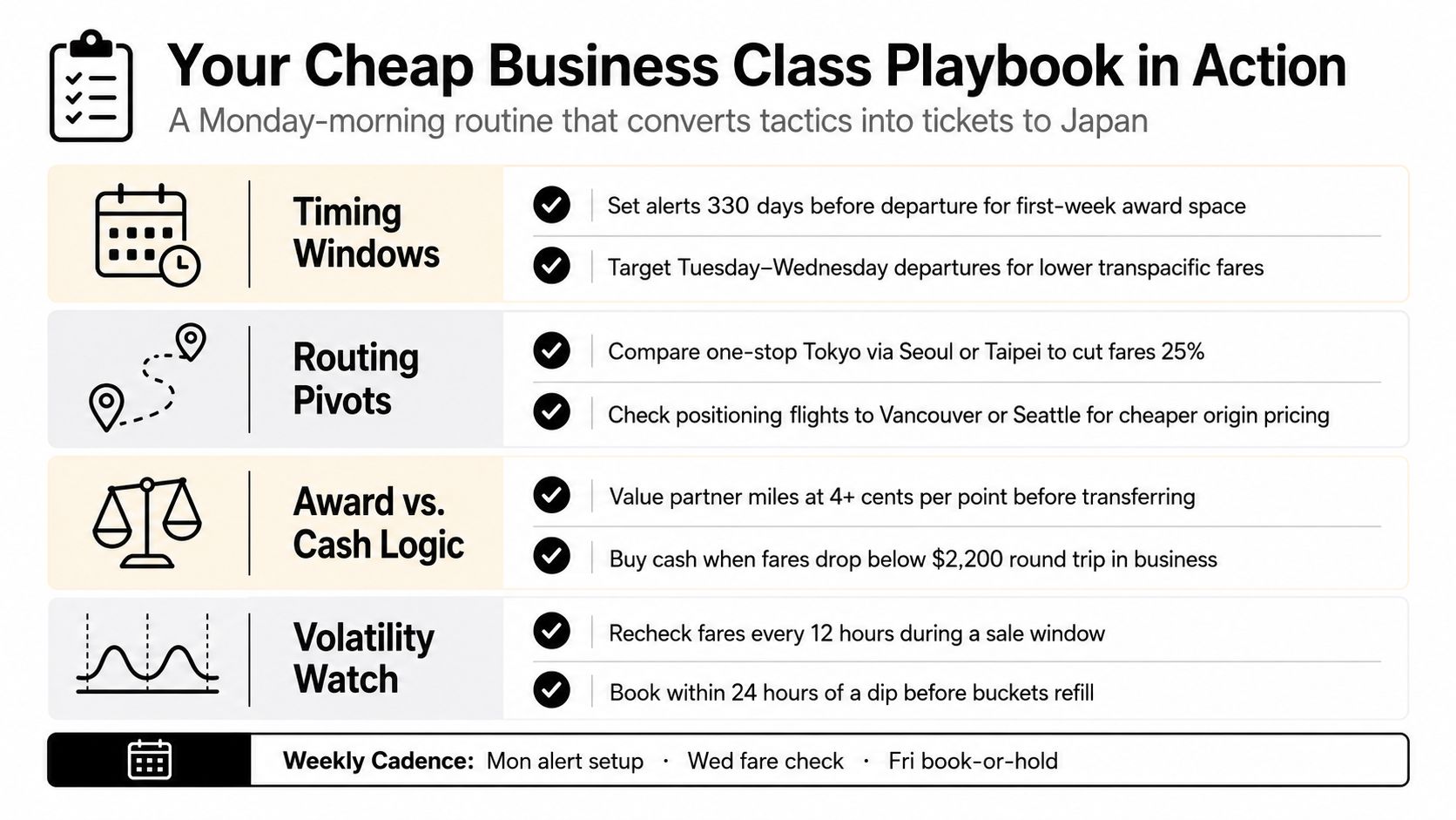 A structured playbook infographic outlining strategies for booking affordable business class airfare to Japan.