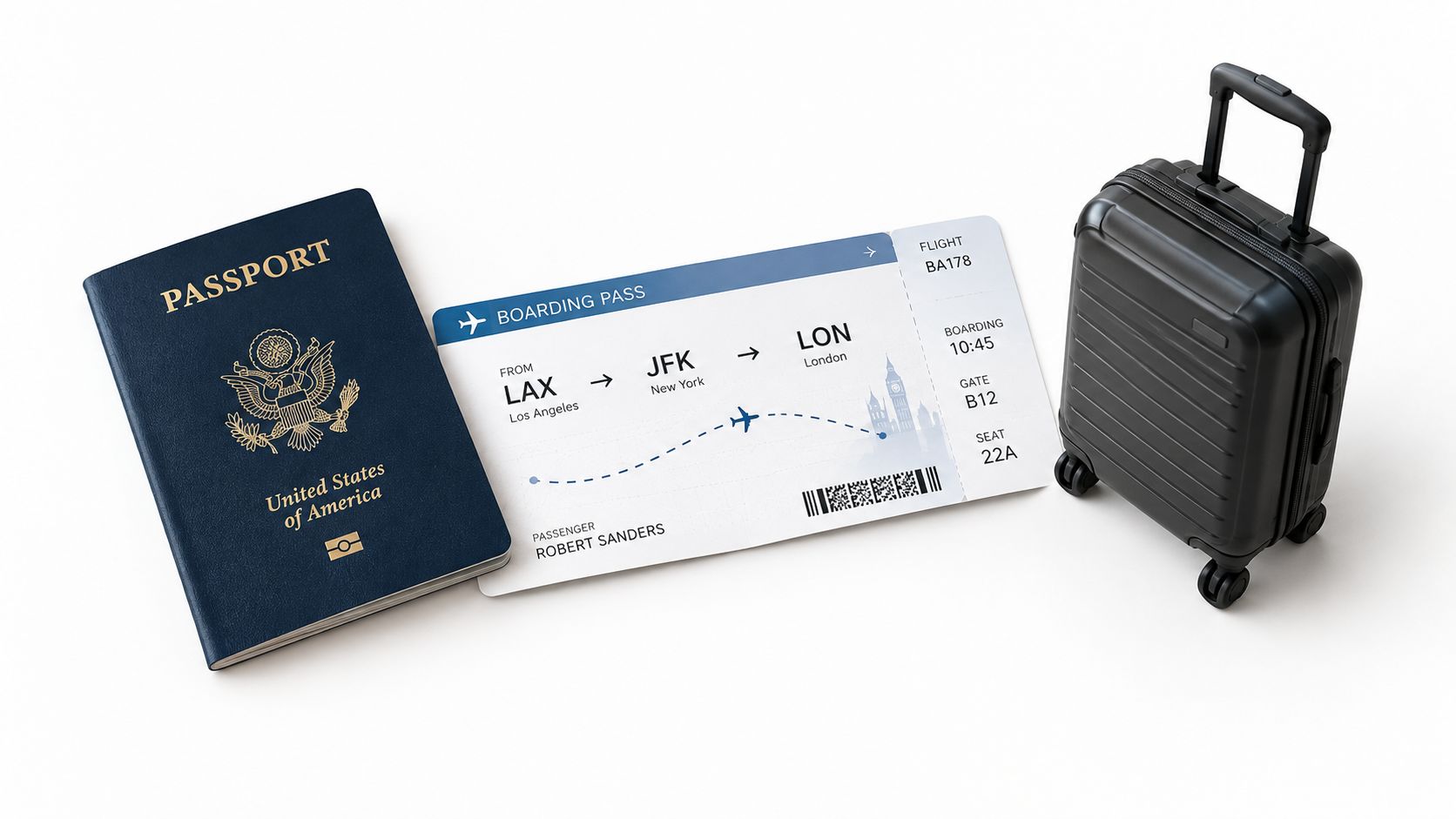 A United States passport, a boarding pass to London, and a black carry-on suitcase for travel.