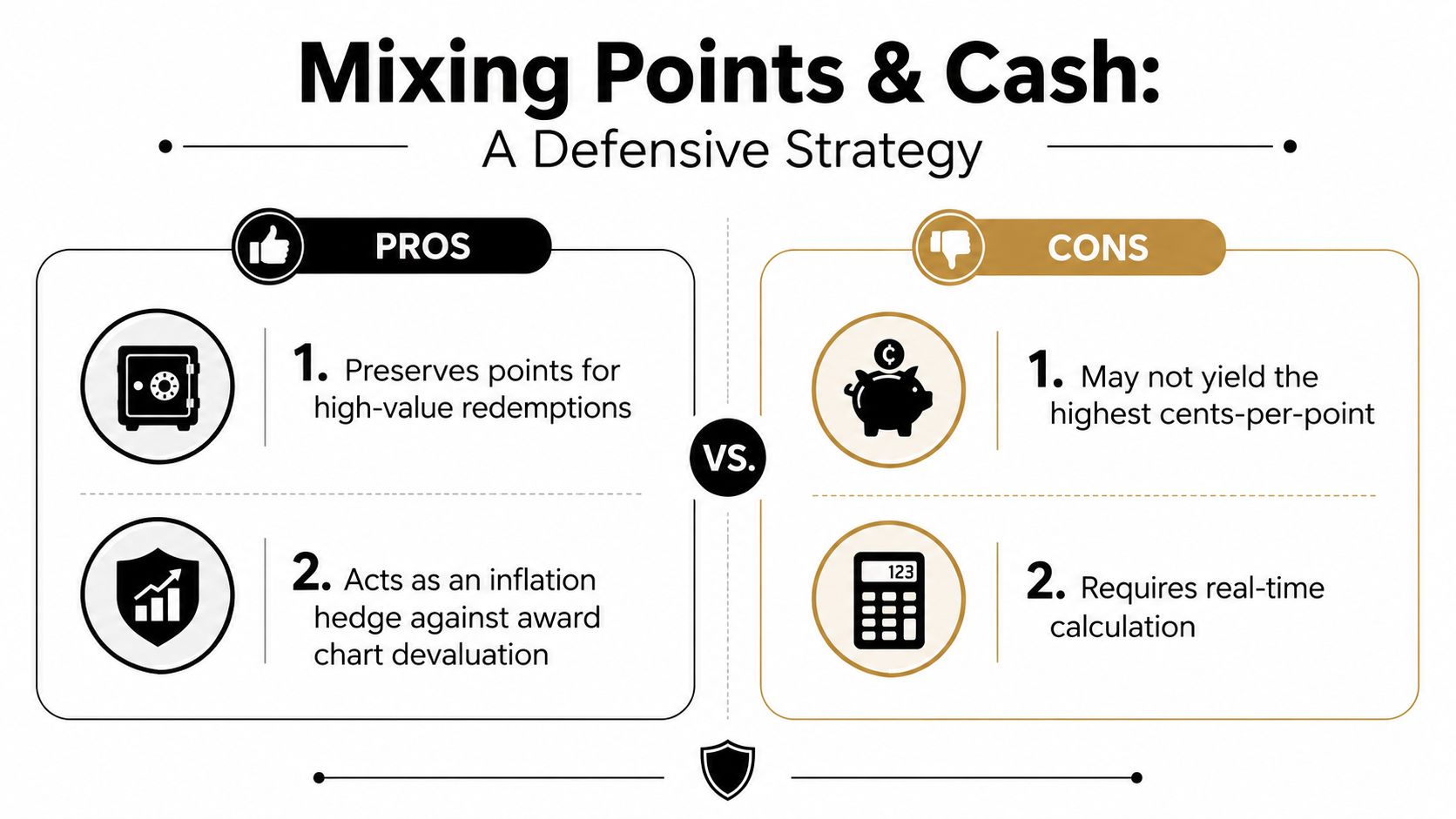 A comparison chart showing the pros and cons of a defensive points and cash strategy.