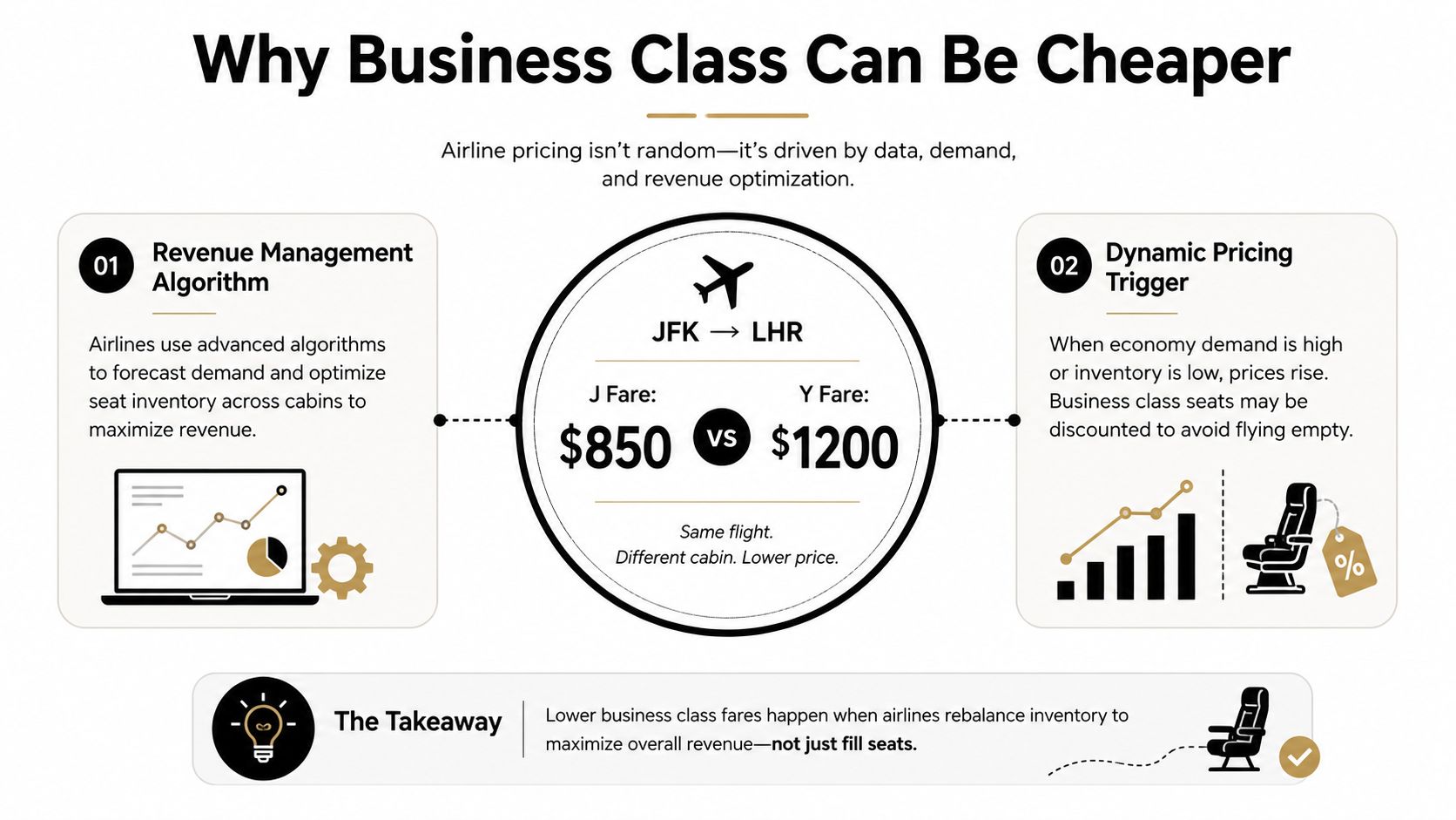 An infographic explaining why business class flights can sometimes be cheaper than economy based on airline demand algorithms.
