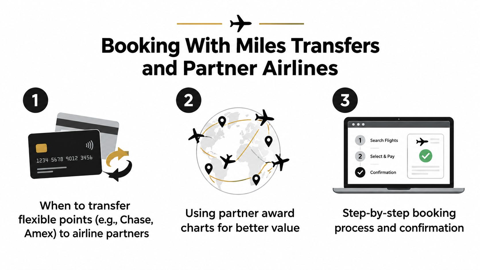 A three-step infographic explaining how to book flights using miles transfers and partner airline reward programs.