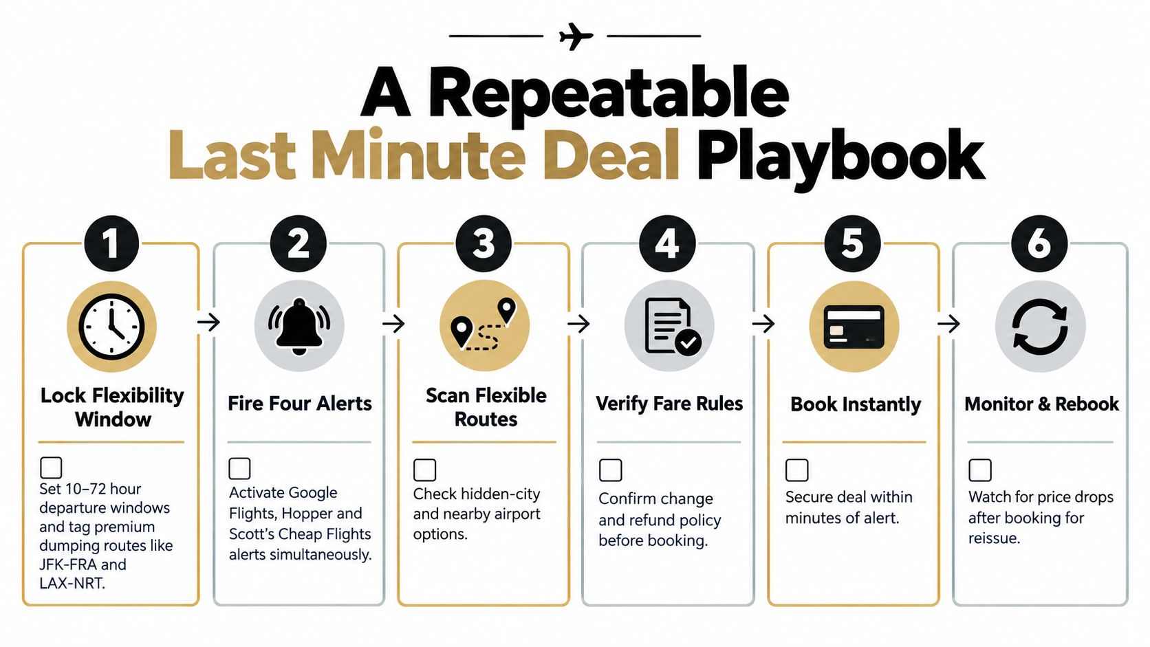 A six-step infographic guide titled A Repeatable Last Minute Deal Playbook for finding cheap airfare.