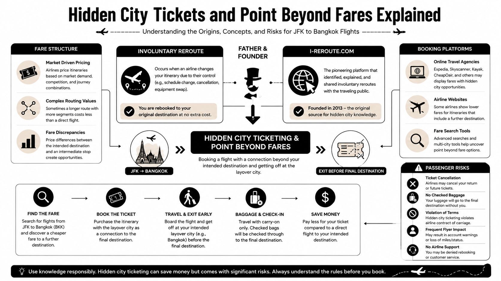 An infographic explaining hidden city ticketing and point beyond fares for flights from JFK to Bangkok.