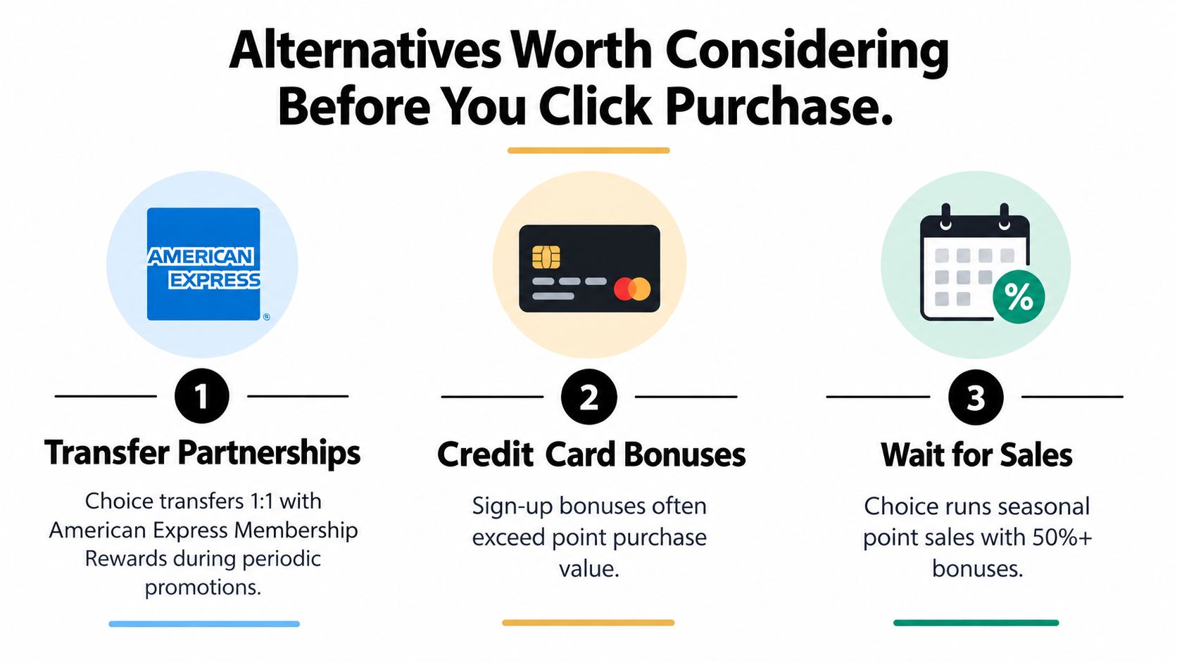 A graphic showing three ways to get hotel points instead of purchasing them: transfer partners, credit card bonuses, and waiting for sales.