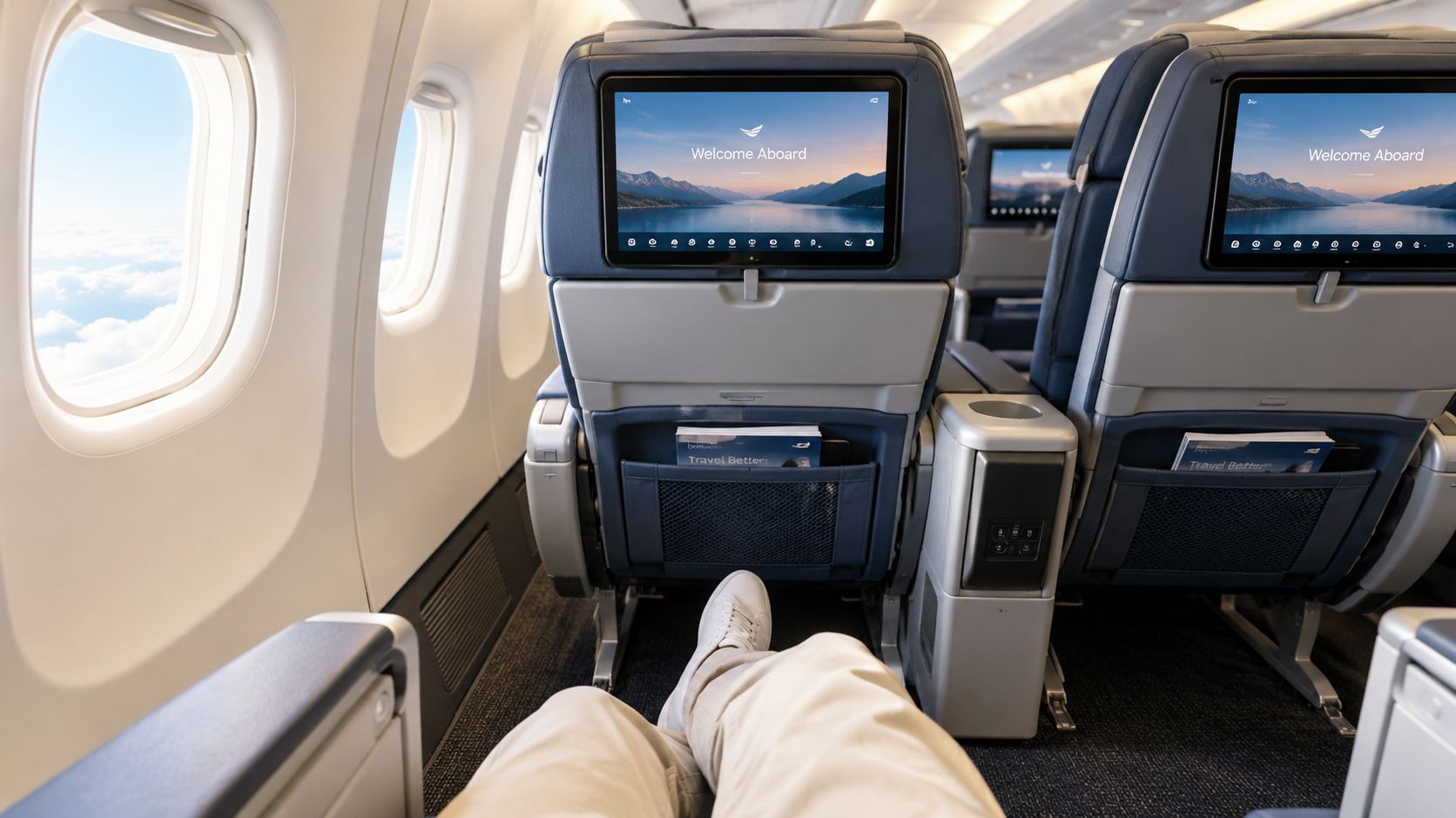 A first-person view of legs wearing white sneakers and pants inside a comfortable airplane premium economy cabin.