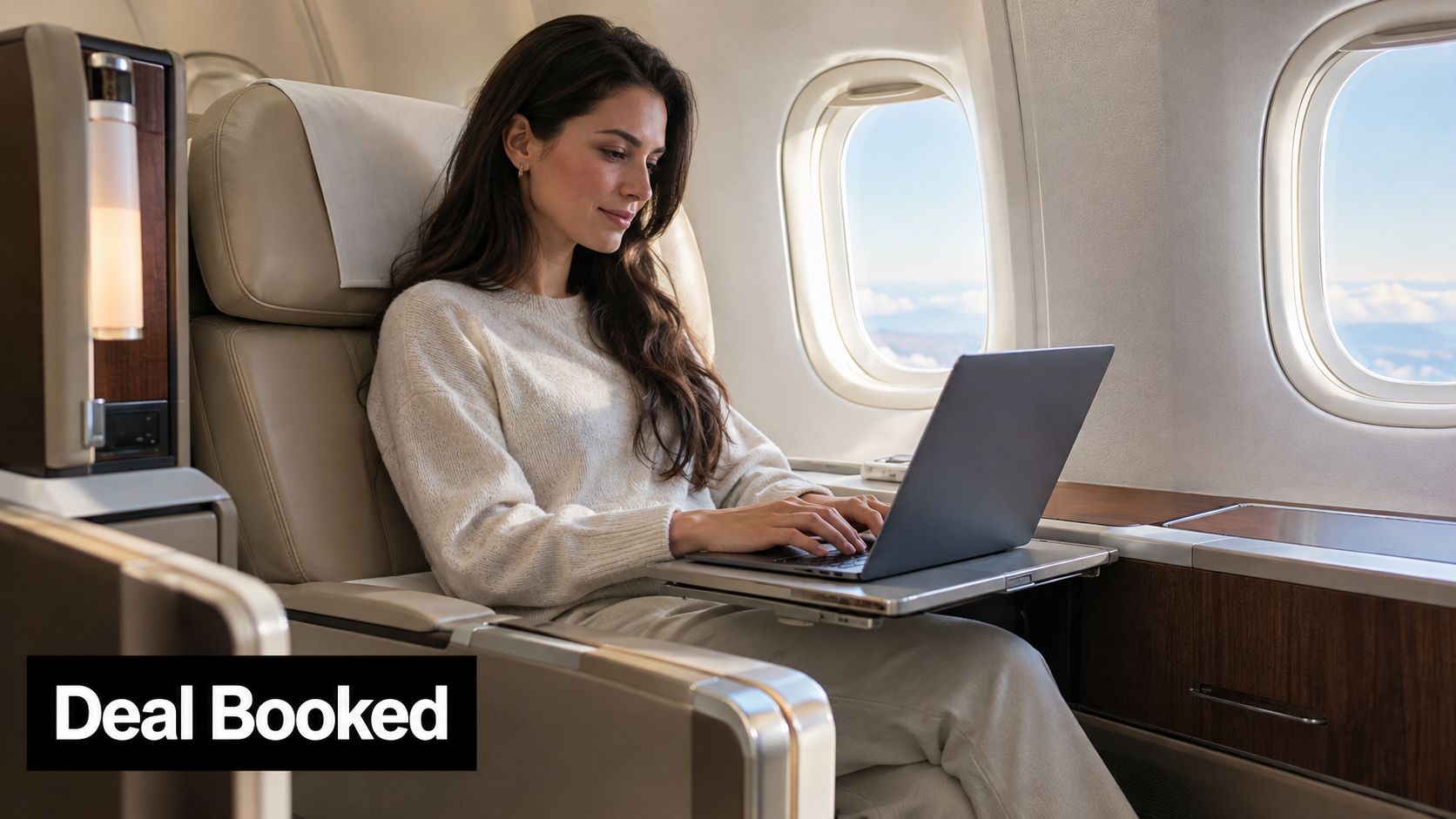 A smiling woman works on her laptop while sitting in a luxurious first class airplane seat.