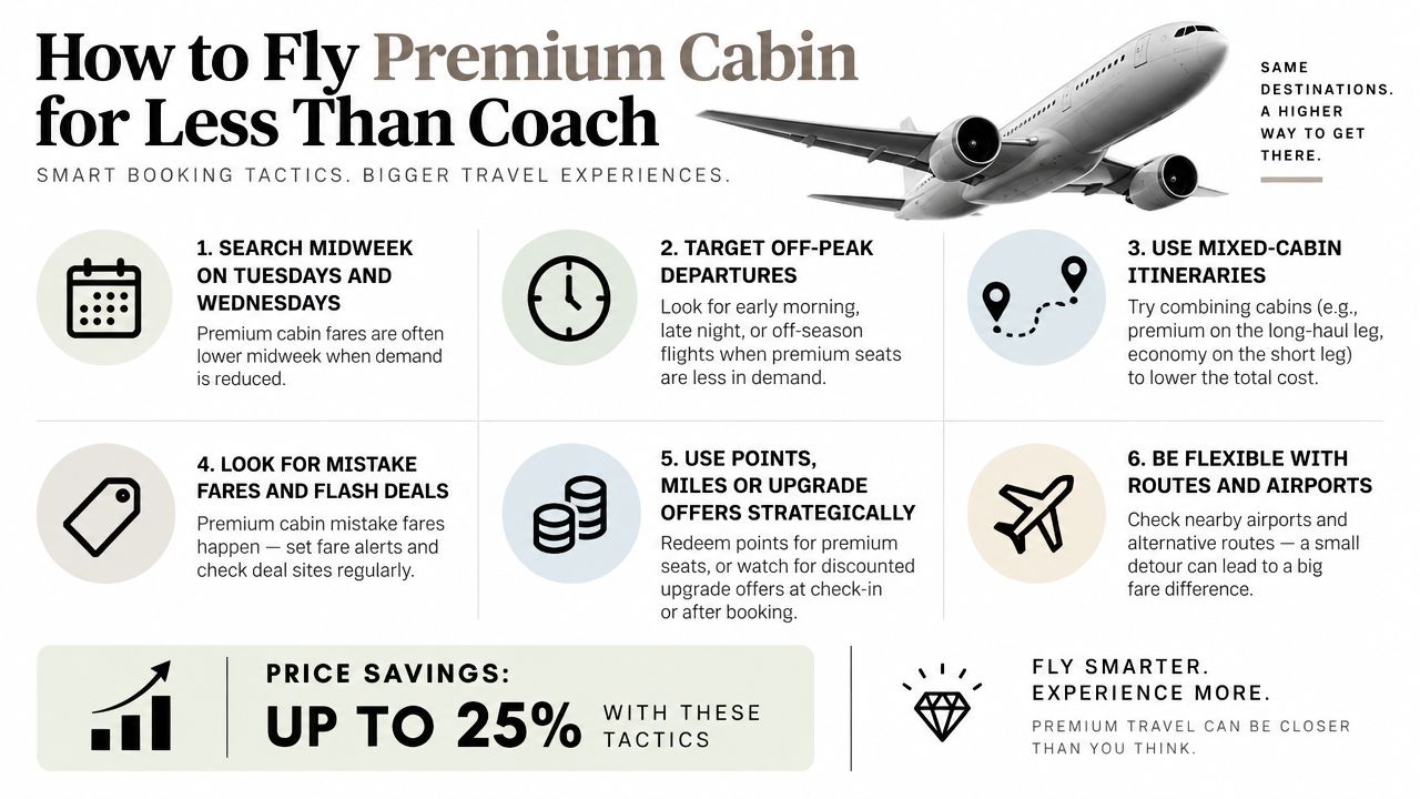 An infographic detailing six expert tips on how to book premium cabin airline tickets for lower prices.