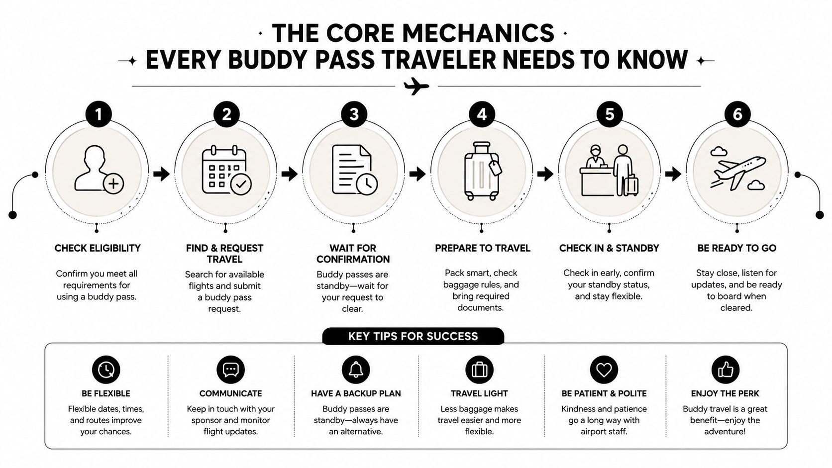 An infographic detailing the six steps and success tips for using an airline buddy pass for travel.