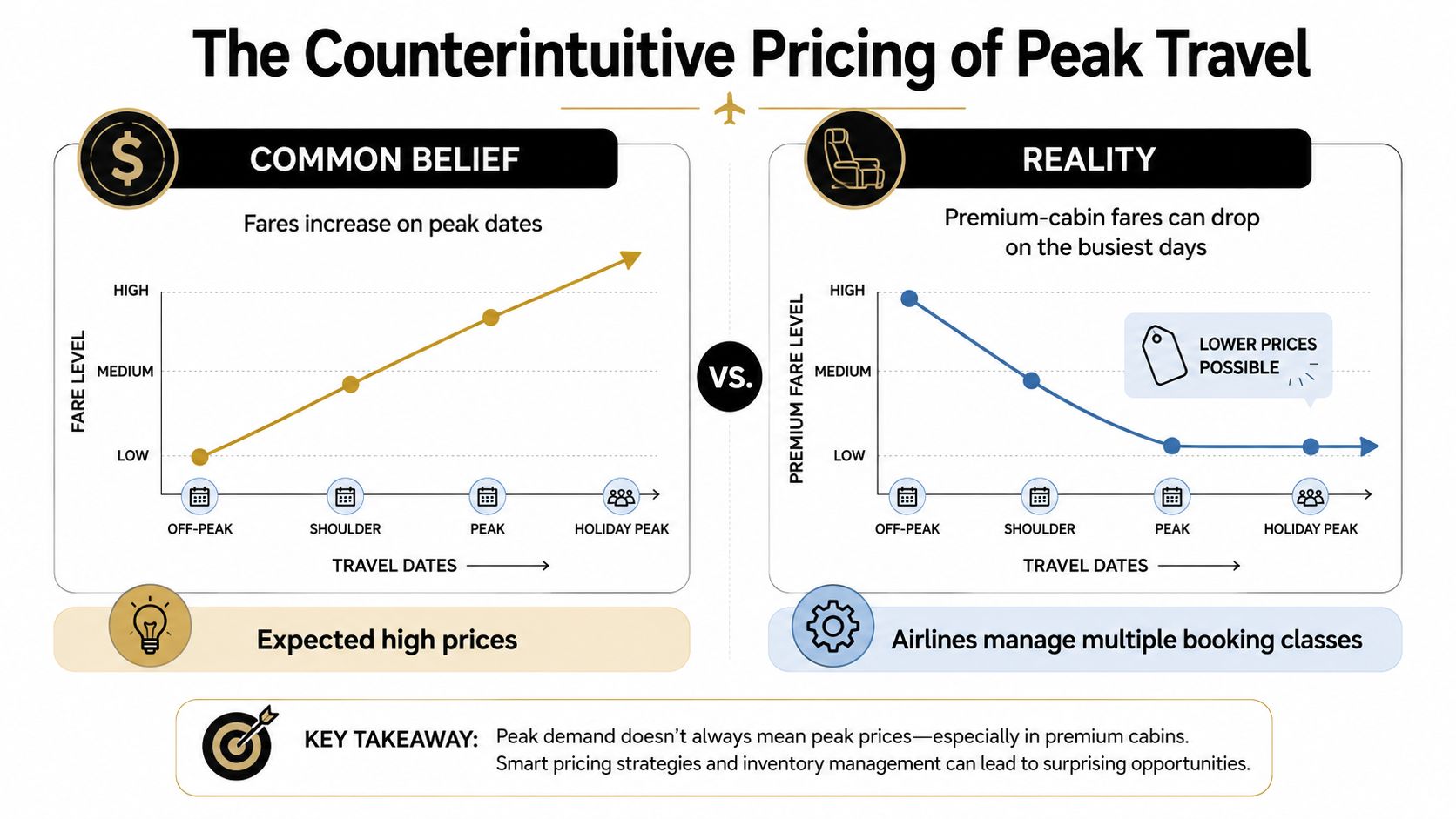 A comparison chart showing how premium cabin airfare prices can decrease during peak travel dates.