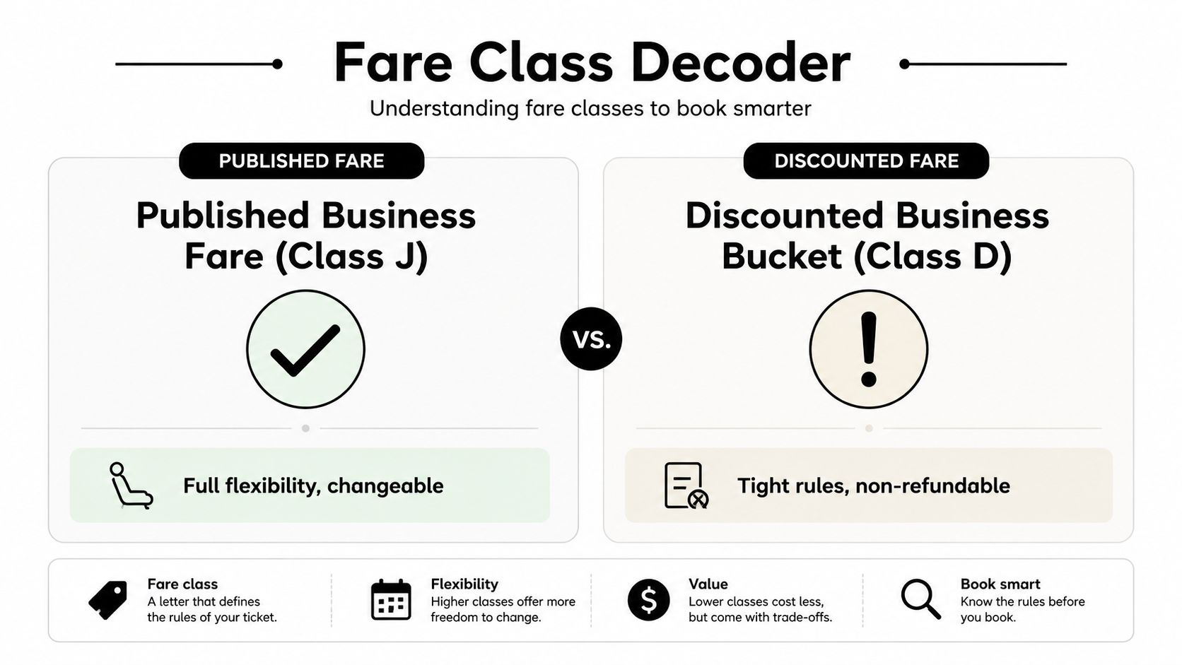 An infographic titled Fare Class Decoder explaining the differences between published business class fare and discounted business fare.