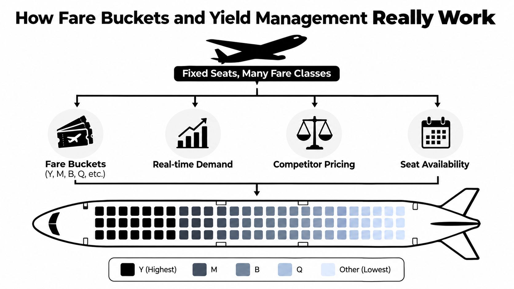 A diagram explaining airline yield management through fare buckets, demand, competitor pricing, and seat availability.