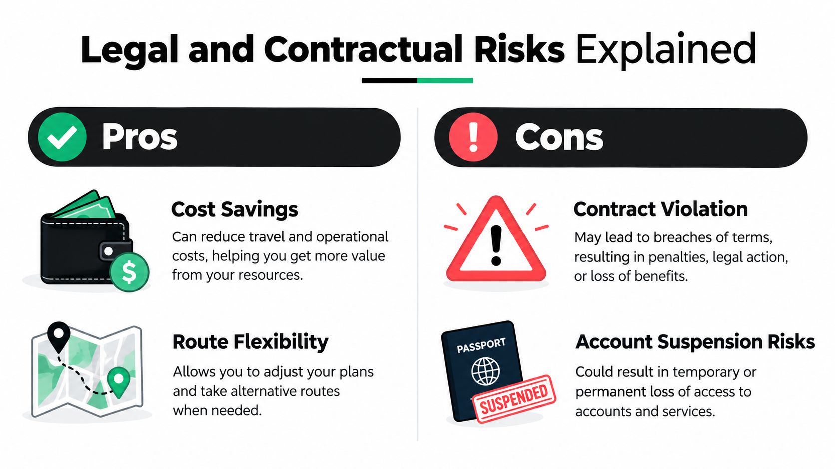 An infographic titled Legal and Contractual Risks Explained displaying pros and cons related to cost savings and ticketing.