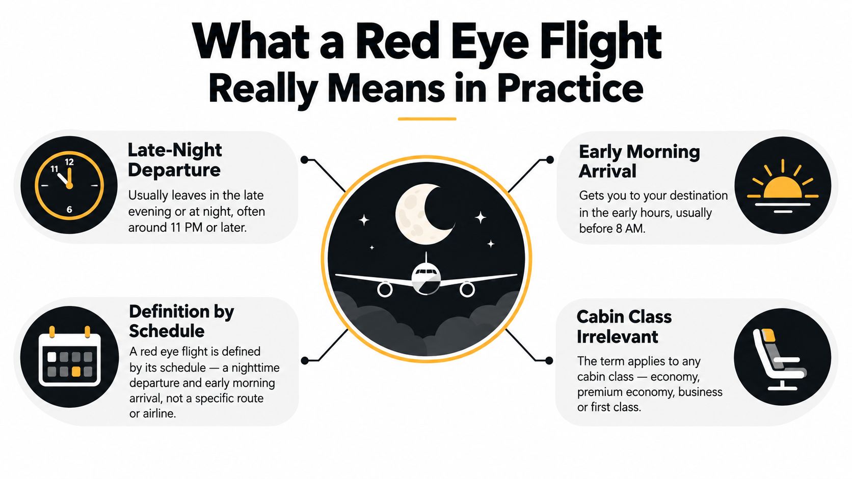 An infographic explaining the characteristics of a red eye flight including departure, arrival, schedule, and cabin class.