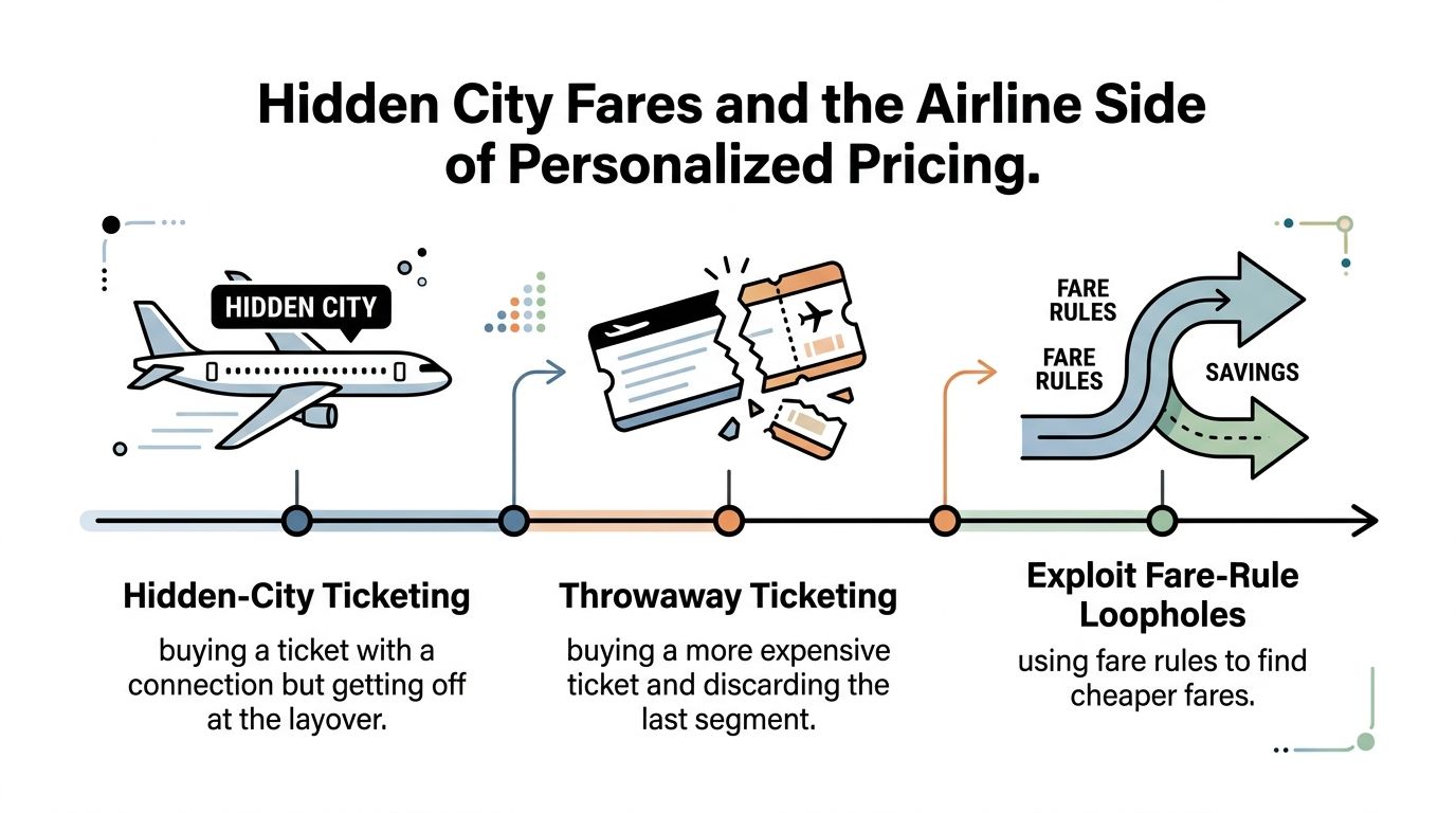 A diagram explaining three common airline fare hacking methods: hidden-city ticketing, throwaway ticketing, and fare-rule loopholes.
