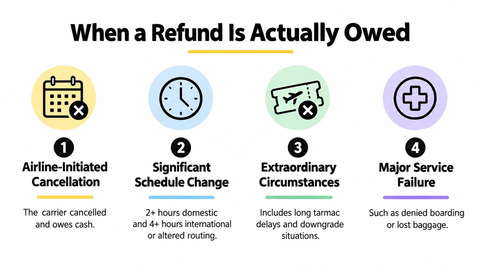 An infographic showing four scenarios where airline passengers are entitled to a monetary refund for flight issues.
