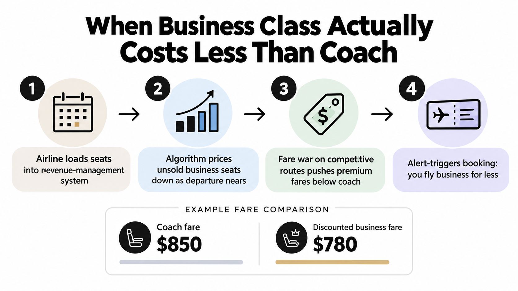 An infographic showing the four steps of how airline business class tickets can sometimes cost less than coach.