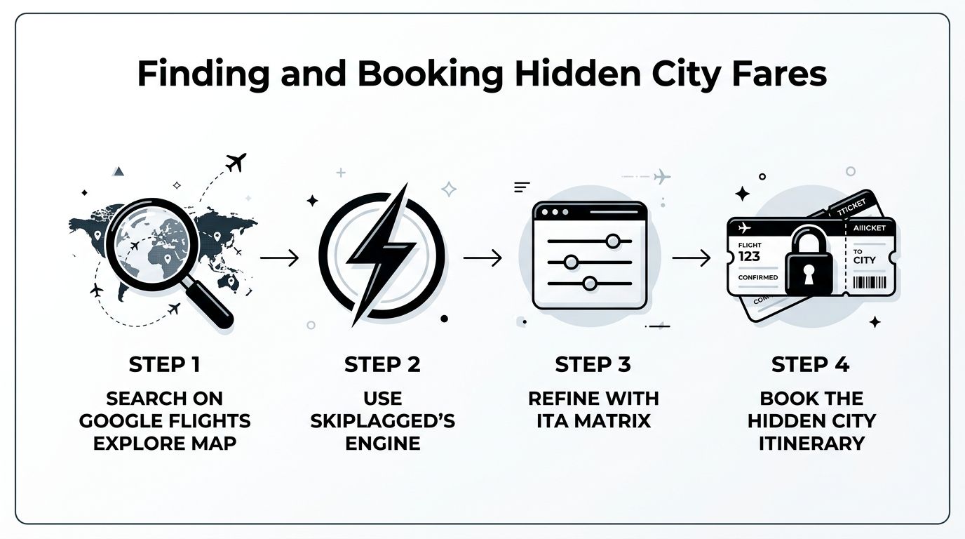 A four-step infographic illustrating the process of finding and booking hidden city airline flight tickets.