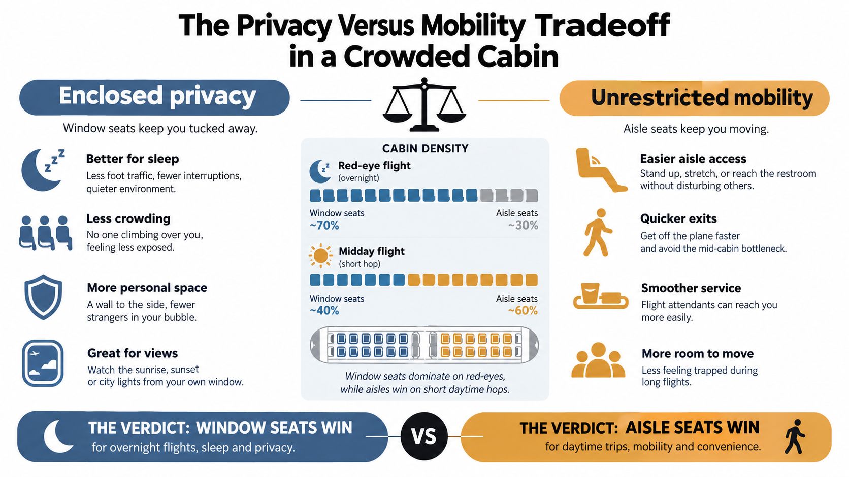 An infographic comparing the pros and cons of window and aisle seats for airplane cabin comfort.