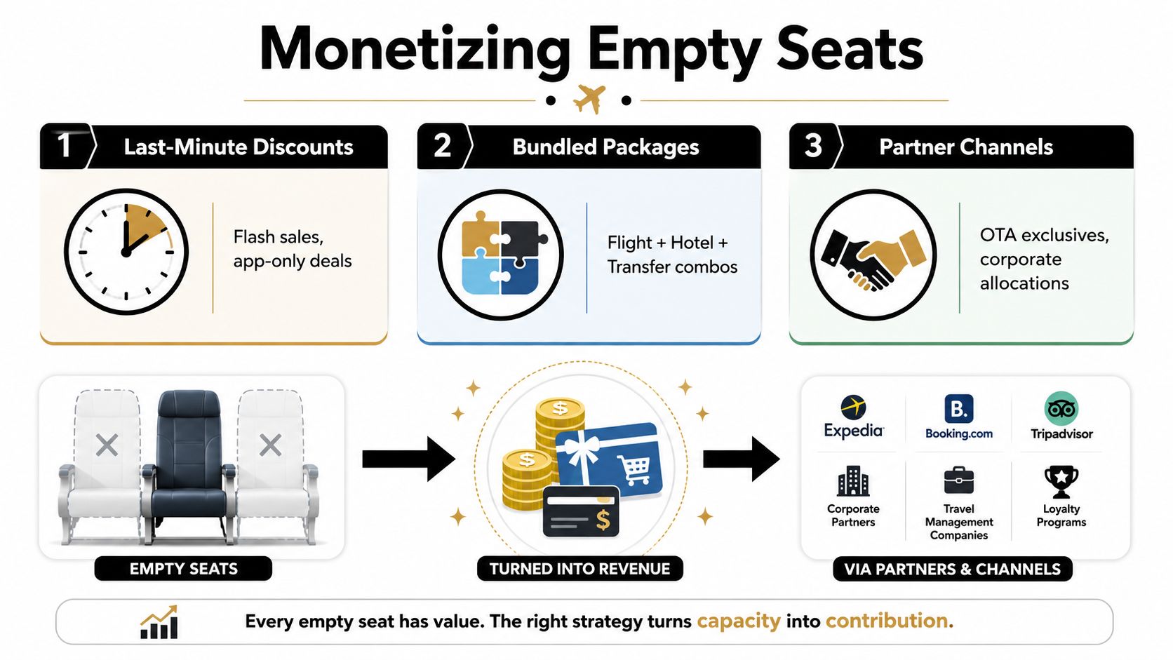 An infographic illustrating three strategies for airlines to monetize empty seats through discounts, bundles, and partner channels.