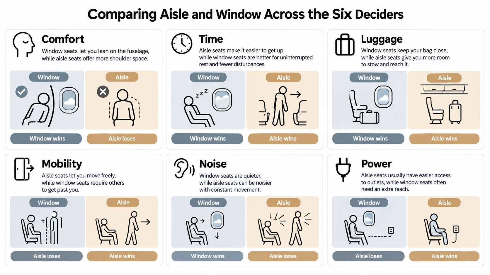 An infographic comparing window and aisle airplane seats across six categories including comfort, time, luggage, and power.