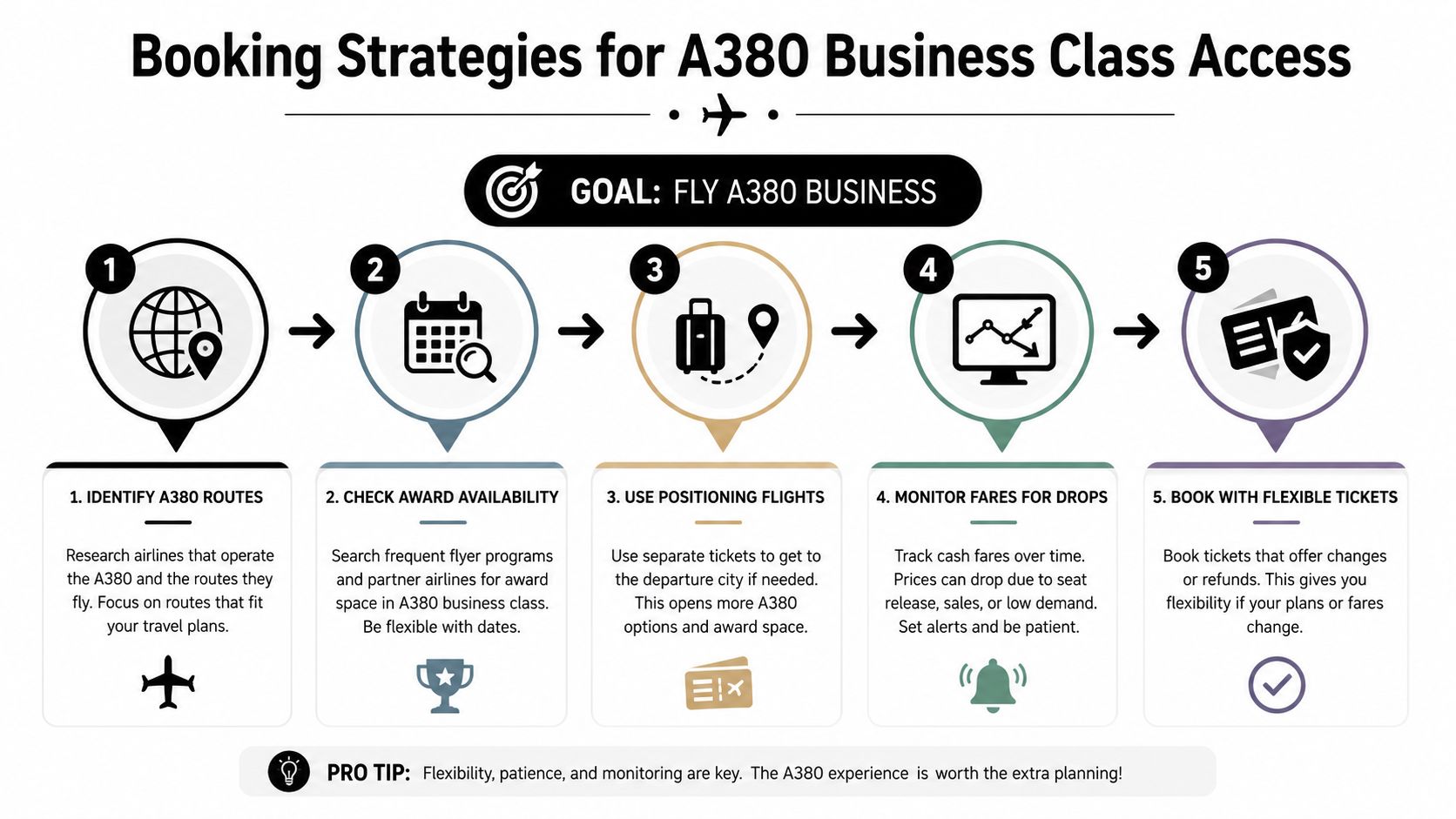 An infographic titled Booking Strategies for A380 Business Class Access showing five numbered steps for travelers.