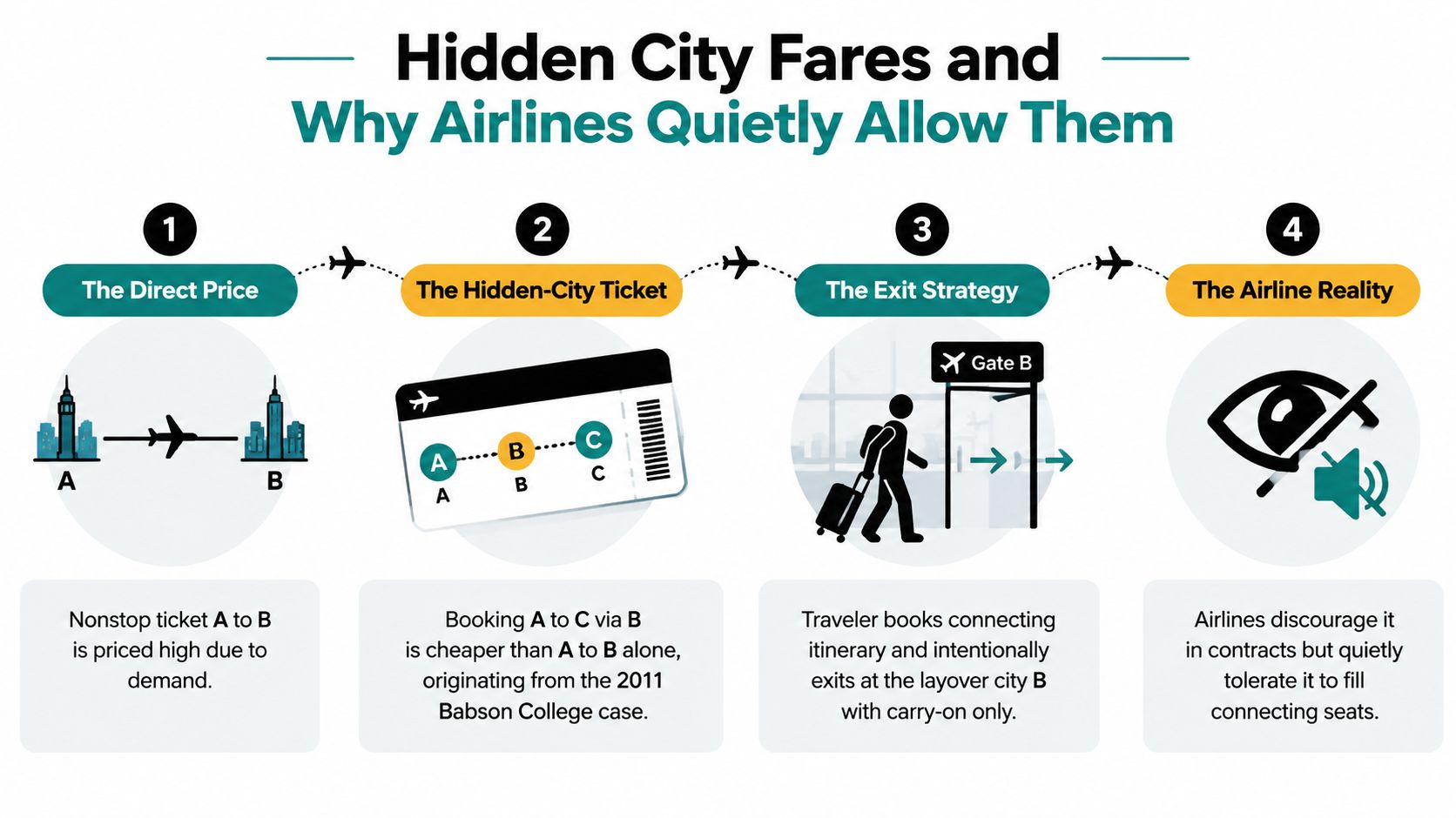 An infographic explaining hidden city ticketing, showing how booking a flight with a layover can be cheaper.