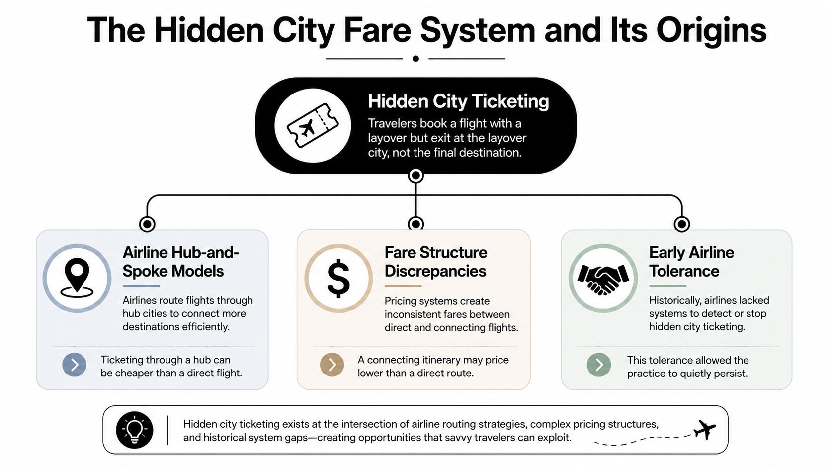 A flowchart explaining the origins of hidden city ticketing, involving airline hub models, fare discrepancies, and airline tolerance.